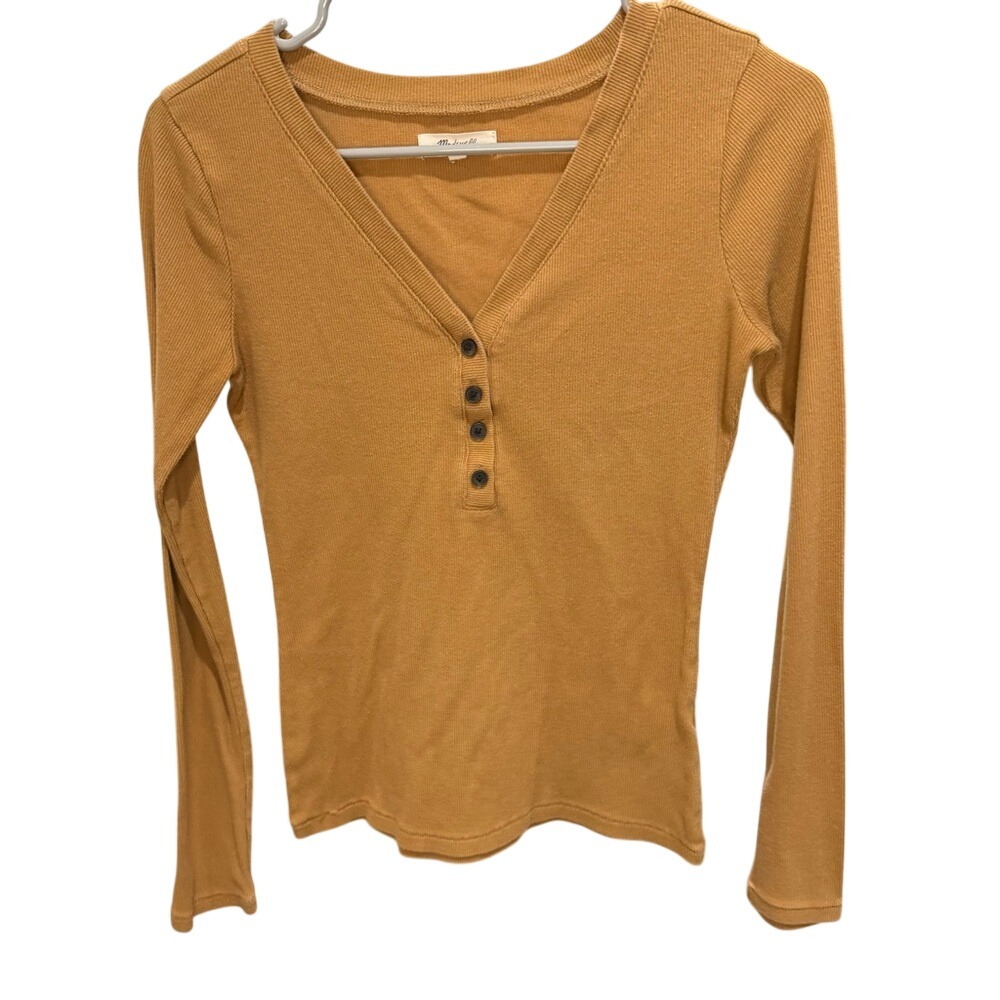 Madewell Mustard Yellow Ribbed Long Sleeve Henley V-Neck Top Small